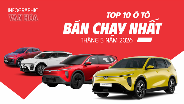 Infographic Top 10 ô tô bán chạy nhất Việt Nam tháng 5.2026, VinFast Limo Green dẫn đầu với doanh số 5.108 xe, theo sau là VinFast VF3 và VinFast VF5.