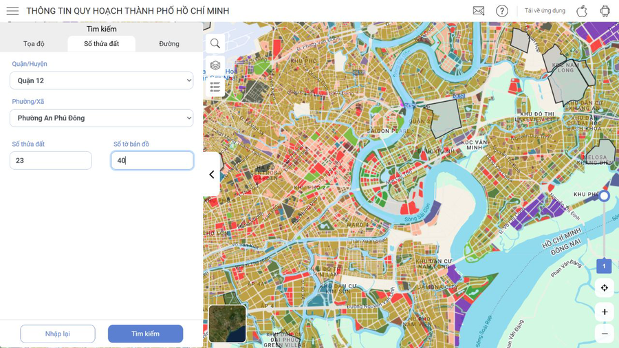 Kết quả trên cổng GIS: thửa đất được viền vàng; bảng bên trái hiển thị thông tin thửa và ô chức năng. Ảnh chụp màn hình cổng tra cứu