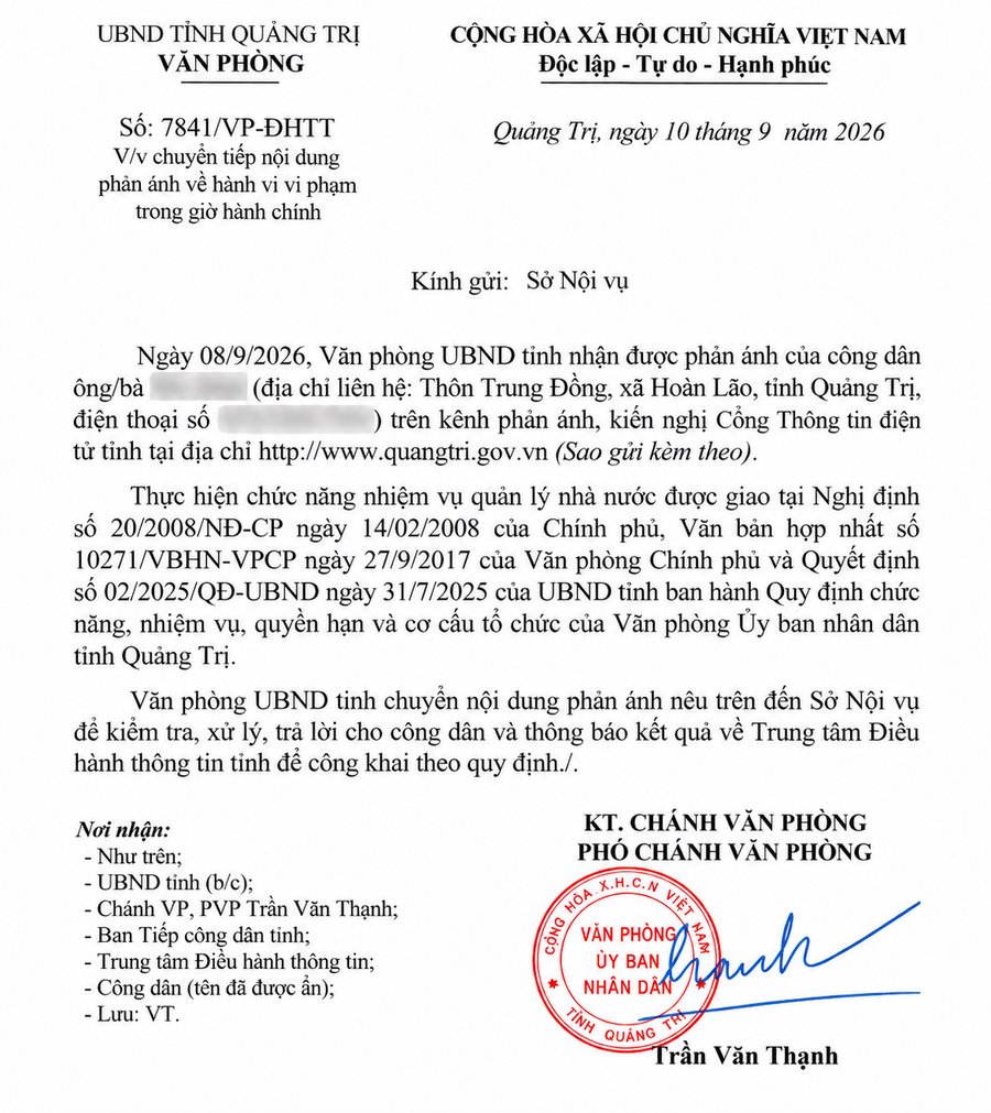 Văn phòng UBND tỉnh Quảng Trị yêu cầu Sở Nội vụ kiểm tra, xử lý, trả lời công dân