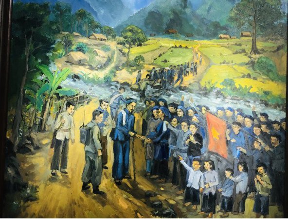Dân bản Pác Bó tiễn đưa lãnh tụ Nguyễn Ái Quốc và đoàn cán bộ cách mạng đi Tân Trào (Tuyên Quang). Tranh có tính chất minh hoạ. Nguồn: Báo Cao Bằng