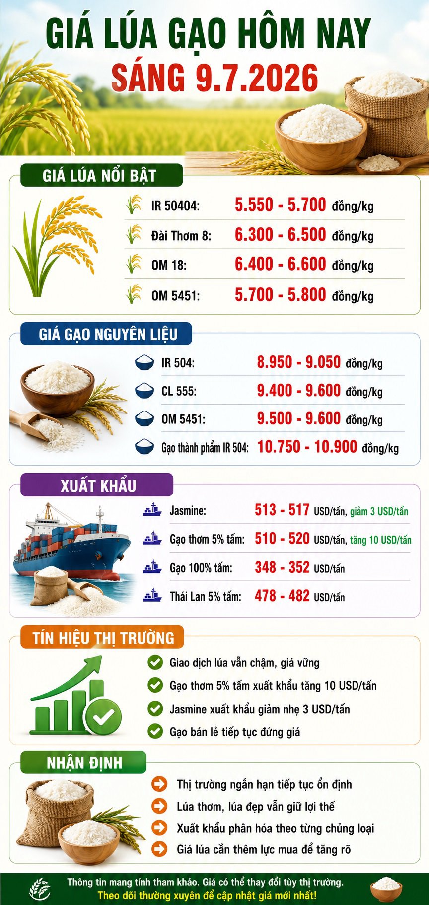 Giá lúa gạo 9.7.2026: Gạo thơm 5% tấm tăng 10 USD/tấn