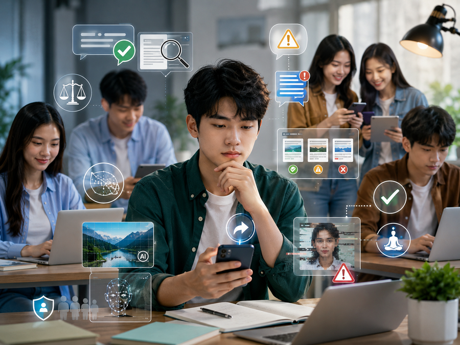Gen Z cần trang bị tư duy phản biện, khả năng kiểm chứng thông tin và ý thức trách nhiệm để làm chủ công nghệ, thay vì bị dẫn dắt bởi thế giới số. Ảnh minh họa từ AI