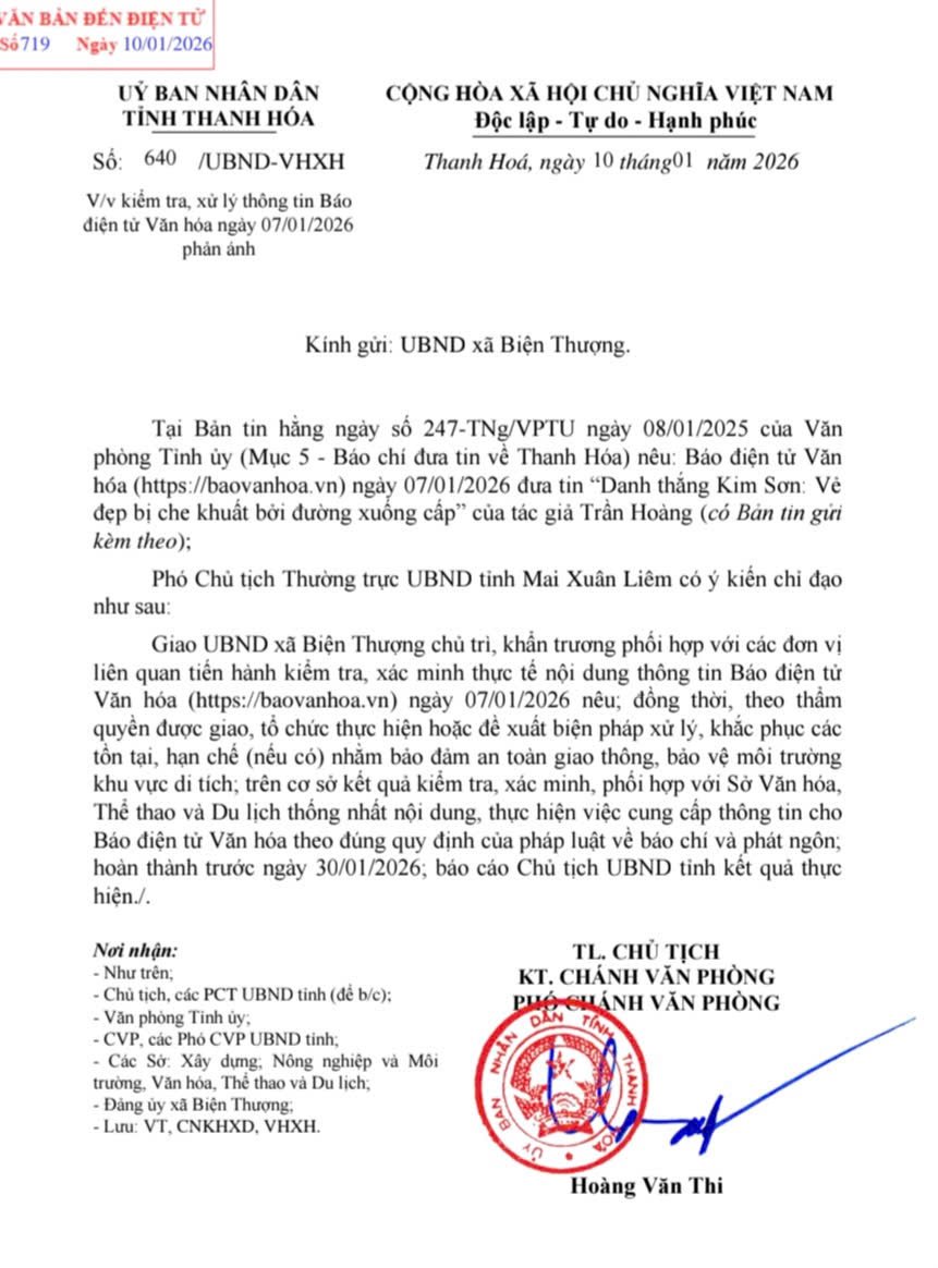 Văn bản của UBND tỉnh Thanh Hóa chỉ đạo kiểm tra, xác minh thông tin Báo Văn Hóa phản ánh về tuyến đường dẫn vào danh thắng Kim Sơn xuống cấp