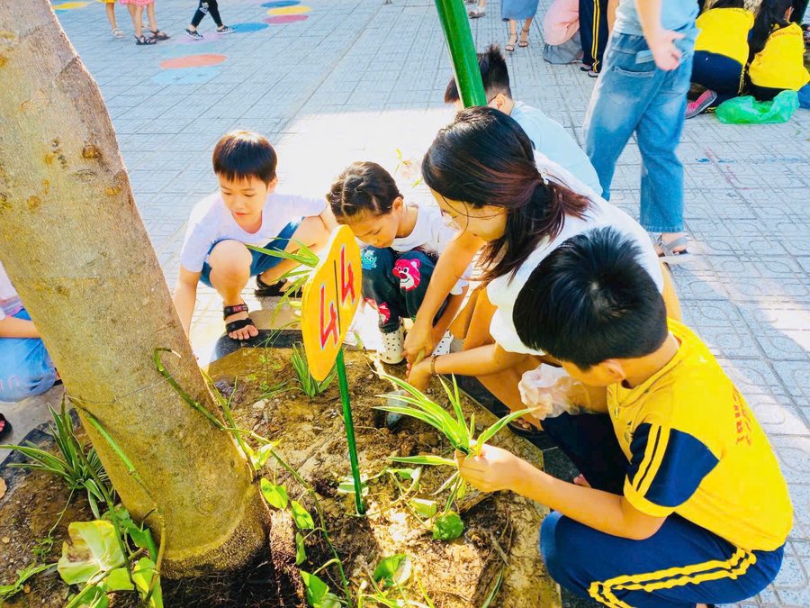 Cô giáo trường Lê Đình Chinh (Đà Nẵng) hướng dẫn học sinh chăm sóc cây xanh