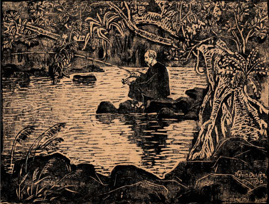 Bác Hồ câu cá, Nguyễn Nghĩa Duyện, 1980, Khắc gỗ