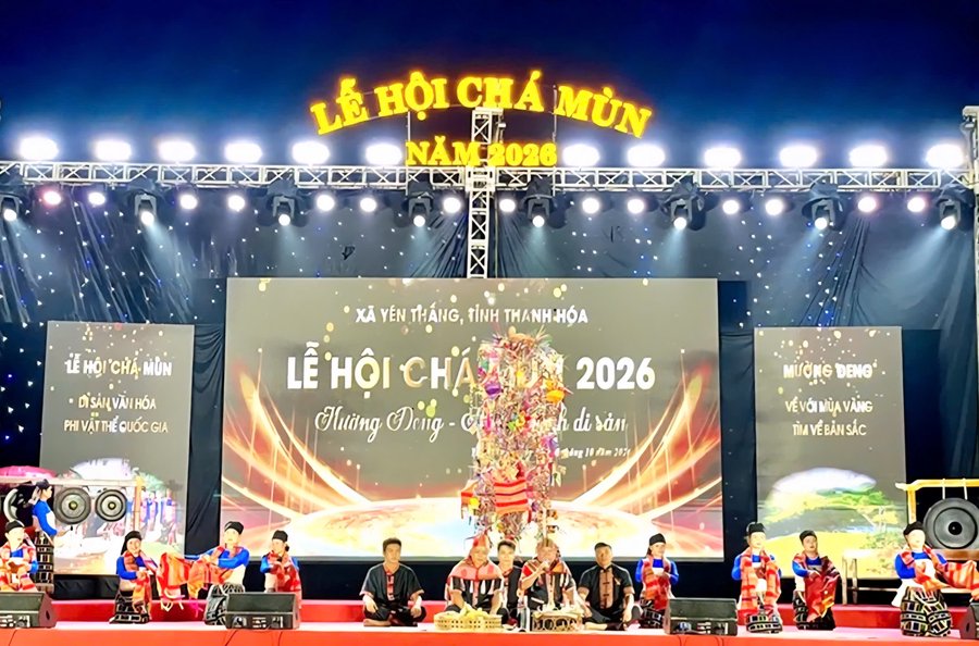 Tái hiện nghi lễ Chá Mùn tại chương trình khai mạc Lễ hội Chá Mùn năm 2026 ở xã Yên Thắng, tỉnh Thanh Hóa