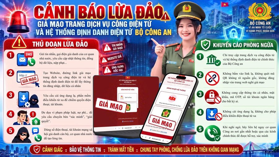 Website giả mạo Hệ thống định danh điện tử VNeID của Bộ Công an. Ảnh: Cổng TTĐT Bộ Công an